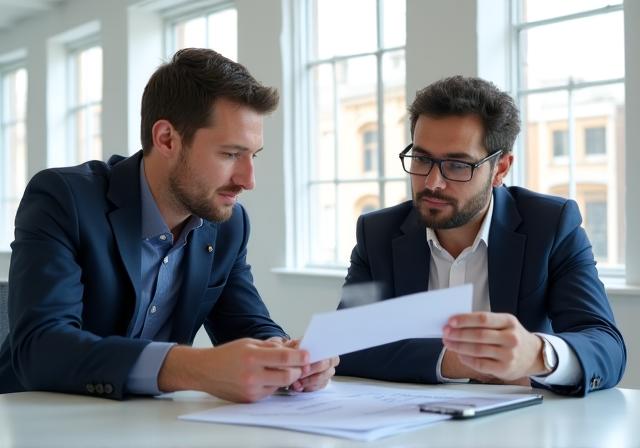 Modern workspace with business founders discussing documents