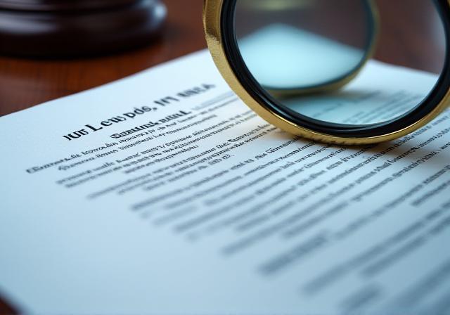 Legal documents and magnifying glass examining a contract