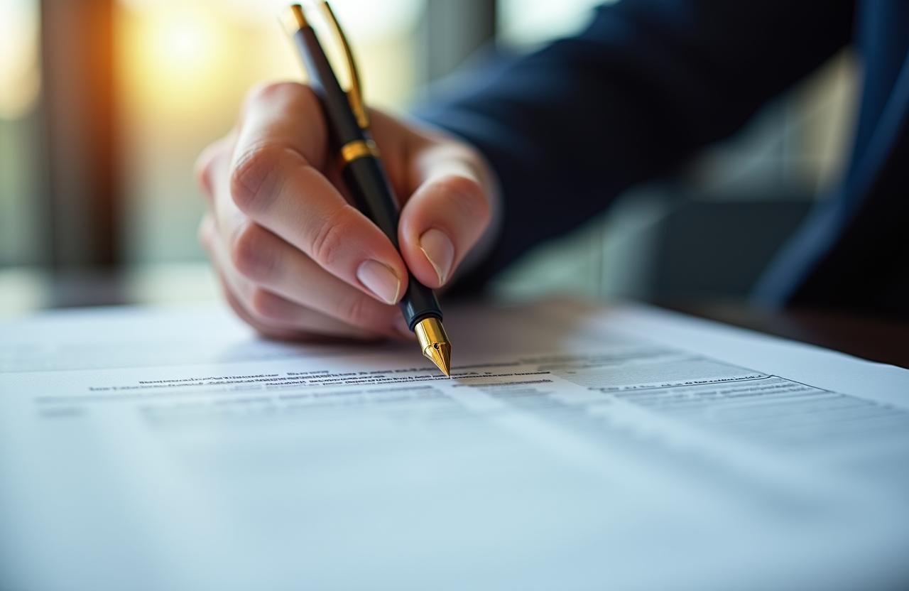 Close-up of a professional signing a legal document with a gold fountain pen