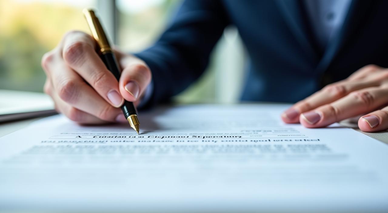 Close up of a hand about to sign a complex legal document with a gold fountain pen